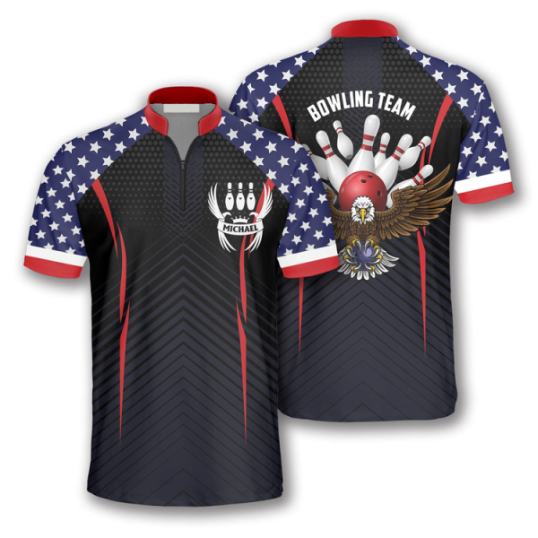 Camouflage Eagle Flag Custom Bowling Jerseys for Men, 3D All Over Print Bowling Shirt, Eagle Flag Shirt